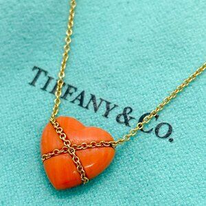 Tiffany & Co. Vintage 14K Yellow Gold Coral Cross My Heart Necklace